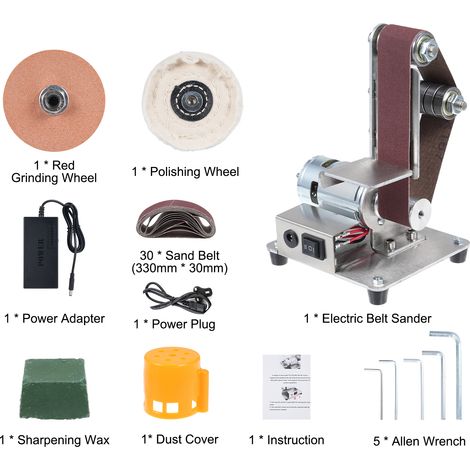 [JAMAIS UTILISÉ]Ponceuse à bande électrique multifonctionnelle à 7 vitesses, mini-machine de ponçage, polissage et meulage, avec 10 bandes abrasives 30 x 330 mm, 1 disque à meuler rouge, 1 disque à po (1/2)