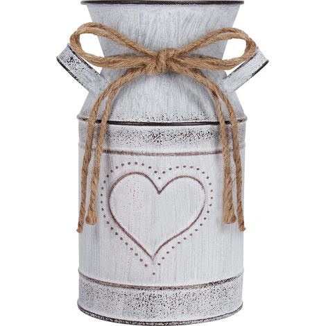 Vaso per fiori in metallo vintage - 10,3 x 19 cm - Brocca per latte bianca in stile rustico shabby chic vintage con cuori - Brocca per latte decorativa in zinco per decorazioni per la casa/matrimoni e