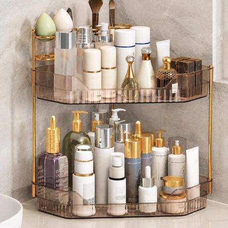 Organisateur de comptoir d'angle de salle de bain avec porte-pinceaux de maquillage et supports de brosse à dents, organisateur de maquillage pour comptoir de coiffeuse, étagère de rangement (1/5)