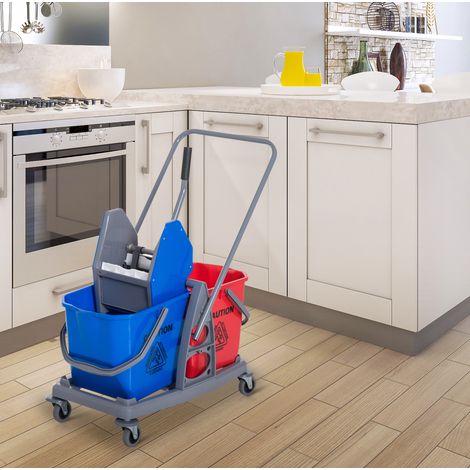 Chariot de nettoyage 73x45x92 cm en métal bleu, avec 2 seaux et essoreur, pour bureau FloraGrace (1/5)