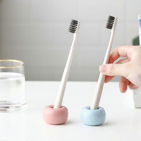 Lot de 2 mini porte-brosses à dents en céramique faits main pour couple, rose et bleu, à poser sur le comptoir de la salle de bain. (1/5)