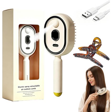 Cepillo de pelo de masaje eléctrico con cojín de aire y niebla, 2 en 1, desenredante y niebla con cerdas retráctiles, se puede utilizar en cabello húmedo o seco (blanco, 1) (1/5)