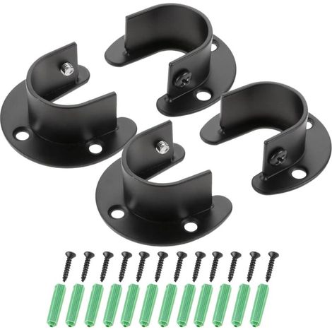Lot de 4 Supports Tringle Rideau Inox 25 mm pour Salle de Bain et Cuisine Noir