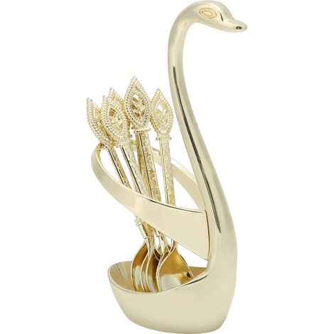 Service à cuillères à dessert et café élégant avec porte-cygne doré, couverts de table en métal (1/5)