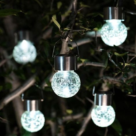 Lot de 8 lustres solaires en forme de boule de verre à LED, éclairage d'extérieur en rotin, luminaires d'ambiance suspendus pour jardin (lumière blanche froide)