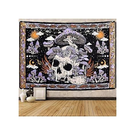 Wandteppich mit Pilzmotiv, Totenkopf, Blätter, großer lila Wandteppich fürs Schlafzimmer, Wandbehang fürs Zimmer (51,2 x 59,1 Zoll)