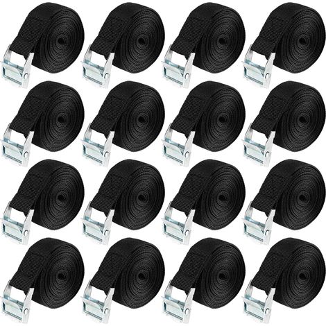 Paquete de 16 correas de amarre de trinquete ajustables, 2,5 m x 25 mm, carga máxima 250 kg, negras, para paquetes de equipaje, transporte, carga, Camping (1/5)