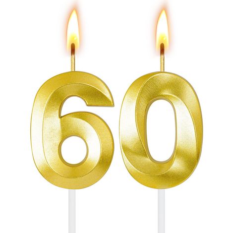 Bougies d'anniversaire dorées 60, bougie 60e anniversaire, 17 x 6 cm, pour décoration de gâteau, décoration d'anniversaire, fête, mariage, anniversaire (chiffre 60) (1/5)