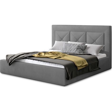 Lit moderne en velours CLARIN - Avec ou sans rangement avec sommier-Gris-140x200-Version avec sommier (1/5)