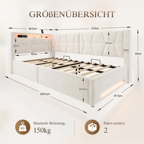 Cama tapizada de 90x200 cm con espacio de almacenamiento, cama de terciopelo con iluminación LED en cabecero y piecero, USB y Tipo-C, base de cama hidráulica, somier de láminas, cama juvenil, cama ind (1/5)