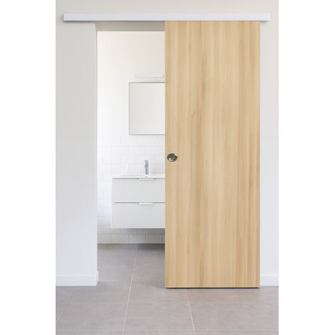 Porte Coulissante Décor Chêne Naturel Honey Oak  H204 X L93 Cm, Rail Alu Bandeau Blanc, Coquilles Gd Menuiseries