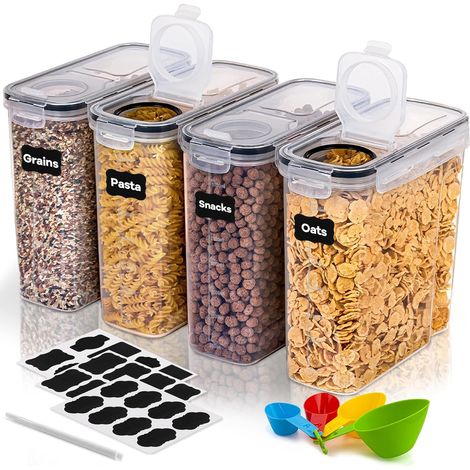 Boite de Rangement Cuisine Lot de 4, 4L Bocaux Hermetiques Alimentaires en Plastique Scellée avec Couvercle, sans BPA, Pour Stocker les Cereales, Pâtes, Sucre, Farine, Riz (1/5)