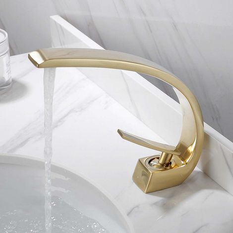 Robinet de lavabo monotrou en laiton massif avec cartouche céramique, pour lavabo encastré, finition or brossé (1/2)