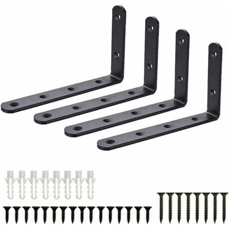 Équerres de Fixation, 4pcs Supports Angulaires Équerre Support Garage Mural en Acier Inoxydable Étagère, Equerre Murale Noir en Forme de L, DIY Industriel pour Meubles Décoration Connexion avec Vis (1/4)