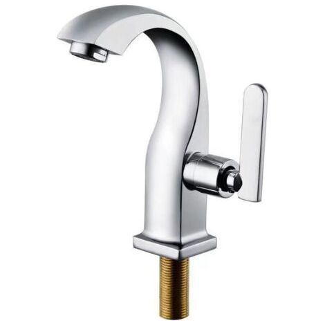 Robinet d'eau froide unique Chrome Salle de bain Lavabo Robinet Cuivre Levier unique Bec Bassin Bain Robinet d'eau froide Maison Jardin Accessoires (1/5)