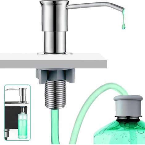Distributeur De Liquide Vaisselle Avec Rallonge, Pour Évier De Cuisine, Avec Mécanisme À Poussoir, Design En Acier Inoxydable Et Fixation Compacte, Couleur Argent.