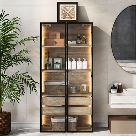 Mueble de baño 74 x 36 x 155 cm con tira LED, MDF, natural HAVRYA (1/5)
