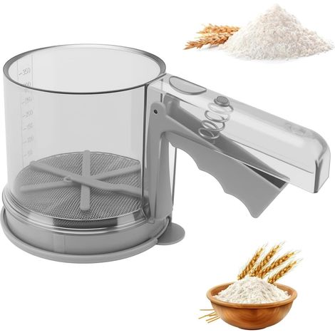 Tamis Farine Acier Inoxydable Double Maille Tamis à Farine à Une Main Saupoudreuse Sucre Glace avec Couvercle 3 Tasses Passoire à Farine en PP pour Farine d'Abricot, Cacao, Matcha, épices (1/5)