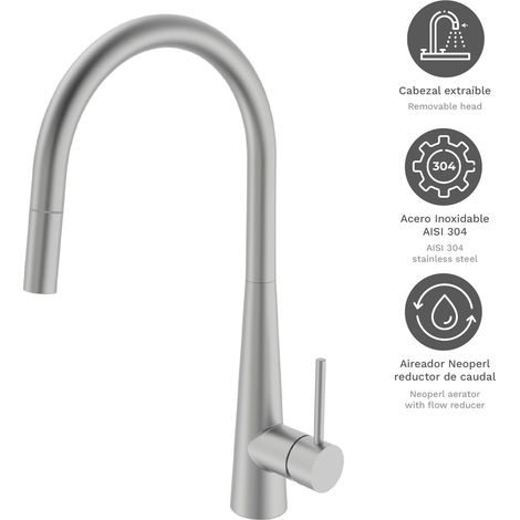 Grifo de cocina monomando caño alto extraible Geminis Acero Mate, Latón, resistente a la corrosión, ahorro de agua,instalación fácil