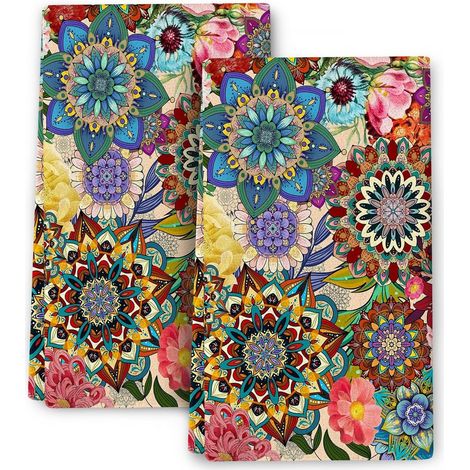 2 pièces Torchons de Cuisine Boho Fleuri, Essuie-Tout coloré pour la Cuisine, Serviettes Douces et absorbantes, Serviettes de Bar à thé, Décor de Cuisine, Cuisso (1/5)