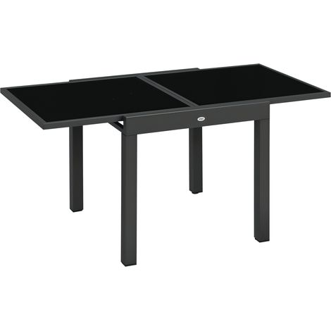Tavolo da giardino allungabile di grandi dimensioni, dimensioni da aperto 160 x 80 x 75 cm, alluminio grigio scuro, piano in vetro temperato nero.