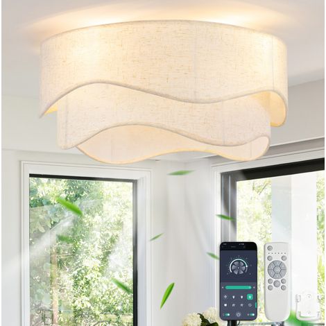 Ventilador de techo con luz, control por app y mando, 6 velocidades reversibles, tejido y plástico, dorado y blanco (1/5)