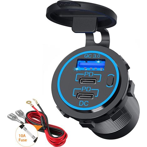 12V USB-Steckdose Draht USB-Ladegerät Multi Port, Dual PD3.0 USB-C und QC3.0 Auto-Anschluss-Buchse mit Netzschalter, Schnellladegerät für iPhone iPad Android Phones, geeignet für Auto Boot Marine