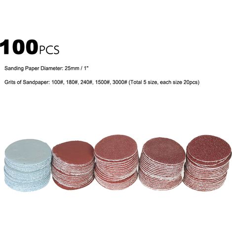 100 Blatt Schleifpapier (25 mm Durchmesser, Körnung 100 bis 3000), 1 Schleifscheibe mit 3,2 mm Schaft (1/8 Zoll).