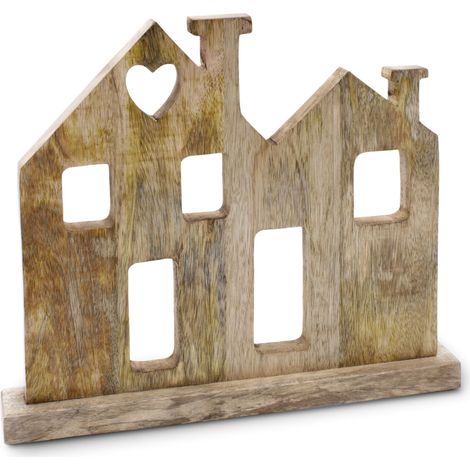 Deko Aufsteller Haus aus Mangoholz - 35 cm - Holz Silhouette auf Fuß zum Aufstellen - Tischdeko Fensterdeko zum Hinstellen