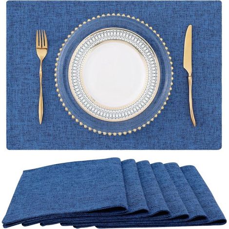 Ensemble de 6 sets de table en coton aspect lin. Sets de table lavables de style champêtre, pour une utilisation intérieure et extérieure, faciles à nettoyer, bleus, 30 x 45 cm. (1/5)
