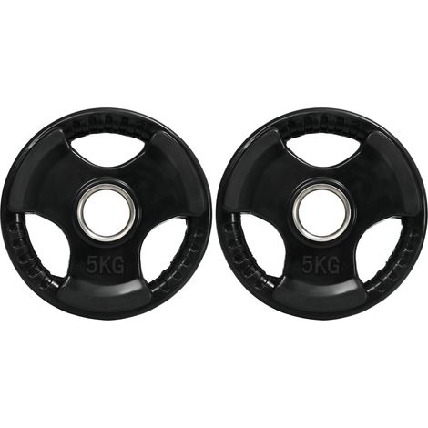 Disques de poids, plaques de poids 2 x 5 kg, à trois poignées avec trous de Ø 50 mm, couverture en caoutchouc, noir (1/5)