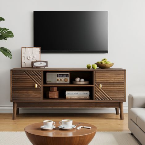 Meuble TV 110x40x48 cm en MDF noyer, avec rangement et passe-câbles pour salon FloraGrace (1/5)