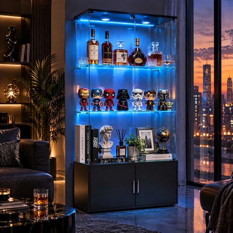 JOOKGBD-Glasvitrine Standvitrine mit LED,Vitrinenschrank aus Holz und Glas,4 Türen 3 Einlegeböden, abschließbarer Glasschrank mit Beleuchtung, Sammelvitrine für Wohnzimmer Bar,Schwarz (1/5)