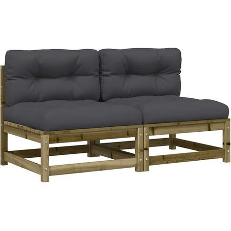 Canapé de jardin sans accoudoirs, avec coussins, ensemble 2 pièces, pin imprégné. (1/5)