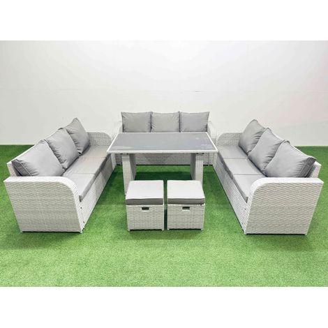 Fimous Patio Garden Furniture Sets with Black Glass Top Dining Table 3 Seater Sofa 2 Small Stool Light Grey (1/4)