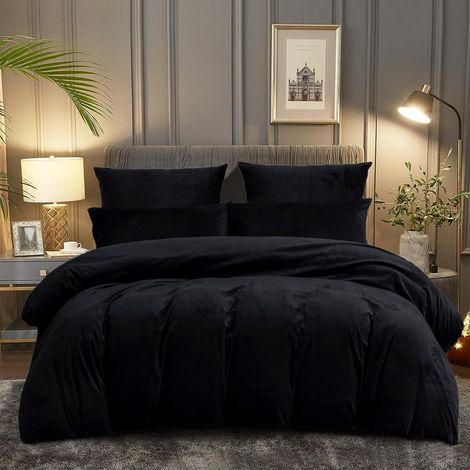 Parure de lit chaude 135 x 200 cm d'hiver en microfibre noire en 4 pièces, ensemble de linge de lit douillet avec housse de couette en microfibre et couettes en polaire avec fermeture éclair (1/5)