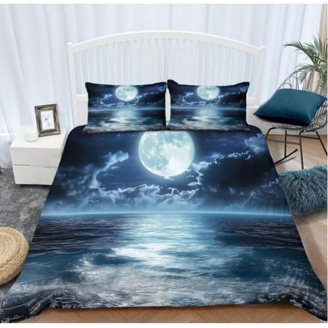 Housse de Couette 90x190 cm Fantaisie Mer Lune Bleu Parure de lit en Polyester Coton Housse de Couette 2 taies d'oreiller - CUY (1/3)
