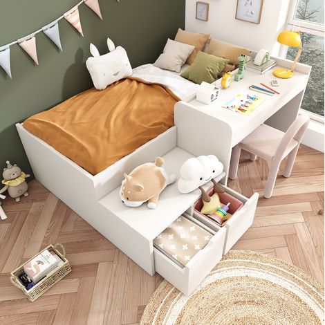 Letto singolo 90x200 cm bianco in legno e MDF con scrivania e 2 cassetti (1/5)