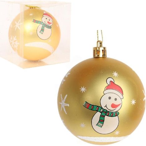 Pallina di Natale dorata con motivo a pupazzo di neve, in plastica, 8 cm (1/4)