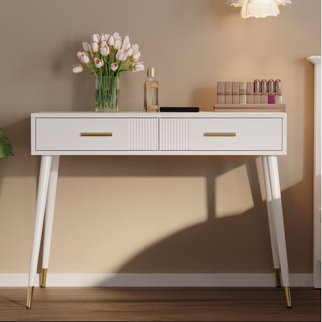 Schminktisch 100x40x76 cm Weiß MDF mit 2 Schubladen und goldfarbenen Metallfüßen (1/5)