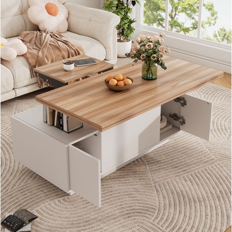 Tavolino da salotto alzabile con doppio piano e vano nascosto, bianco e legno HAVRYA (1/5)