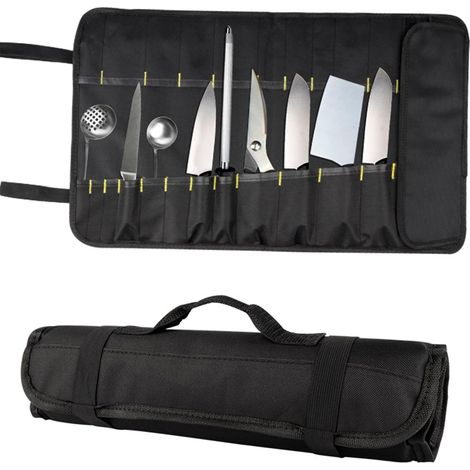 Sac à Couteaux de Chef, Sac à Outils de Chef Portable, Sac en Tissu Oxford Robuste, Pochette de Protection pour Couteaux, Rouleau de Rangement pour Outils avec poignée (Black) (1/5)