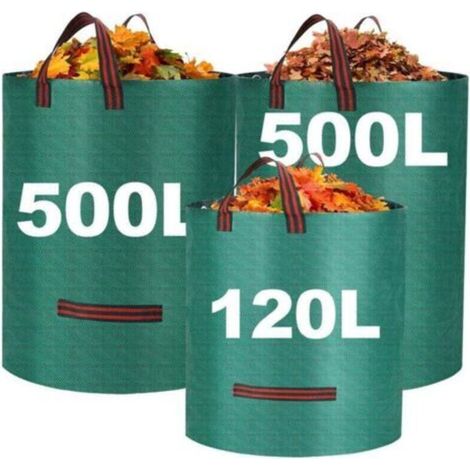 Bolsas resistentes para residuos de jardín con asas, bolsas grandes reutilizables e impermeables para residuos de jardín, restos de plantas, césped y hojas (500 litros, 120 litros).