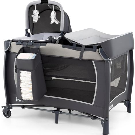 COSTWAY 5 en 1 Lit Parapluie Bébé avec Matelas & Table à Langer, Lit Bébé Evolutif avec Boîte à Musique & Jouets Suspendus, Sac de Transport & Roues Verrouillables, Berceau pour 0-36 Mois (Gris)