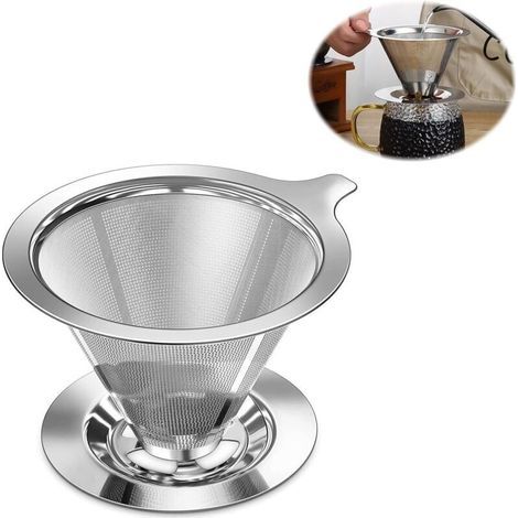 Permanent Coffee Filter with Base, Reusable Stainless Steel Coffee Filter, Conical Coffee Filter Holder with Double Mesh, Paperless Coffee Filter, Ideal for Filtering Coffee, Silver Filter (1/4)