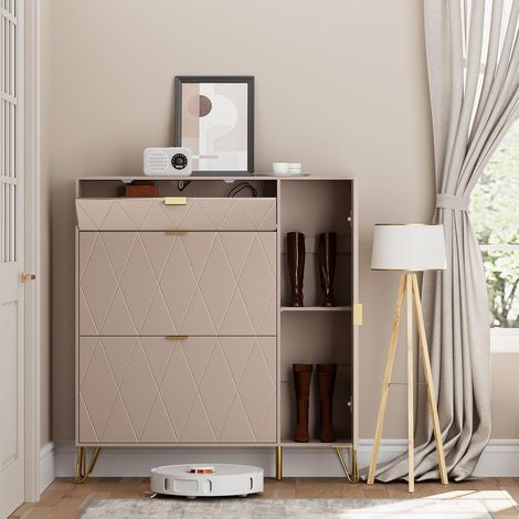 UEV Armoire à Chaussure Inclinable, Meuble à Chaussure pour 16 Paires de Chaussure, Rangement Chaussure, Etagère Caché et Cabinet Botte sur Côté (Cachemire)