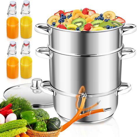 Randaco Dampfentsafter 8 L aus Edelstahl inkl. 4 Bügelflaschen – Entsafter für Obst & Gemüse, Ø 26 cm, spülmaschinengeeignet, für alle Herdarten inkl. Induktion