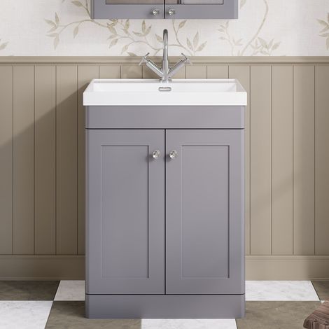 Nuie Classique Floor Standing 2-Door Vanity Unit with 1TH Thin-Edge Basin 600mm Wide - Satin Grey (1/5)