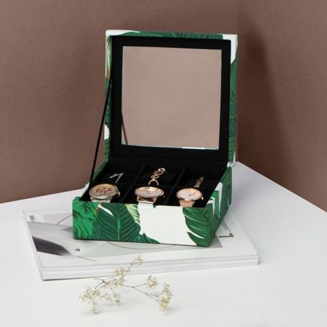 Organisateur Bijoux - Plateau Assemblage Rectangulaire en MDF et Verre - Style Moderne Debout - 18 x 18 x 7 cm - Vert Foncé Chiné (1/4)
