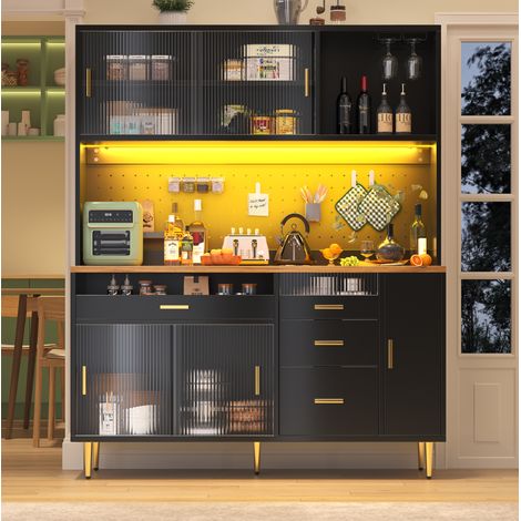Buffet haut MDF noir et verre 145x39x171 cm, avec LED pilotée par appli, étagères réglables et rangement à verres (1/5)